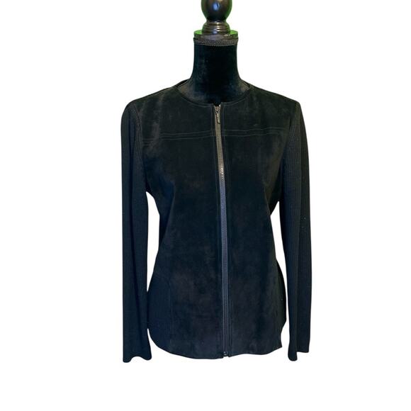 Investments Jackets & Blazers - Investments Black Leather Suede Wool Knit Women's Zip Up Jacket